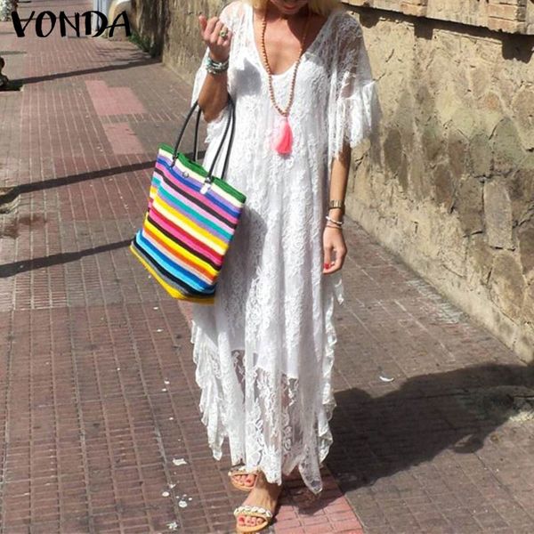 

vonda maxi long dresses 2019 women v-neck butterfly sleeve hollow out solid lace dress casual loose summer vestido sundress, Black;gray