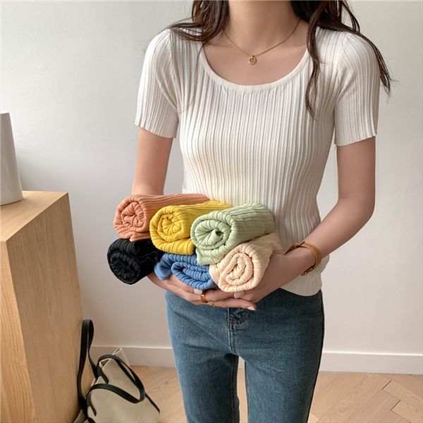 

t- ice silk knitwear women's clavicle small t-shirt knitted shirt knitwear square collar slim base solid color ins, White