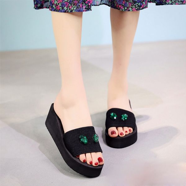 

women pearl drill wedge slides home bathroom beach flip flops shoes slippers latform wedges 2019 women summer slipper t04, Black