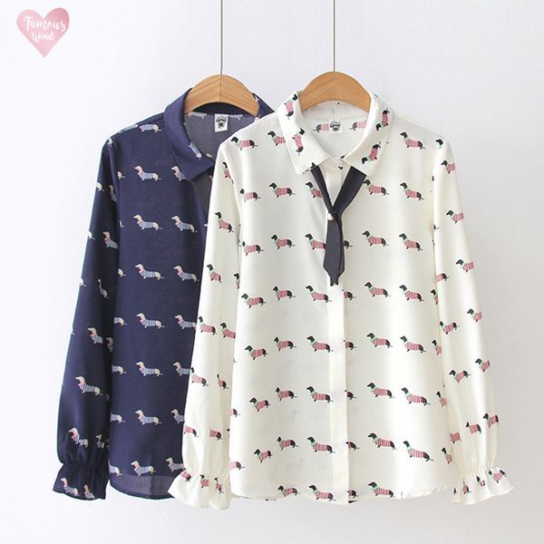 

cute dachshund print women blouse chiffon collar preppy style dog print turn down shirt bowtie flare sleeve spring autumn t83701, White