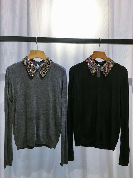 

2019 new ladies fashion long-sleeved lapel beaded knit 0806, White;black