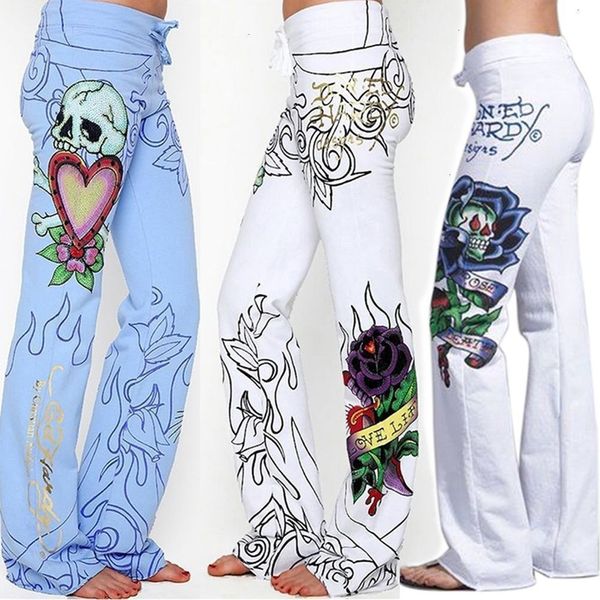 

long pants hippie wide leg boho blue white trousers flower fashion women baggy skull rose high waist printed, Black;white