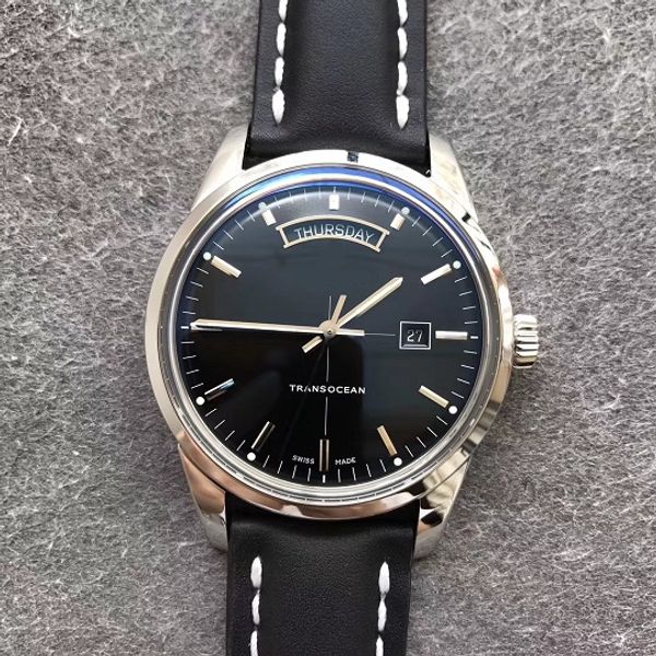 

43mm automatic 2836 men watch apphire cry tal waterproof wri twatch tran ocean day date a4531012 v7f edition genuine leather trap