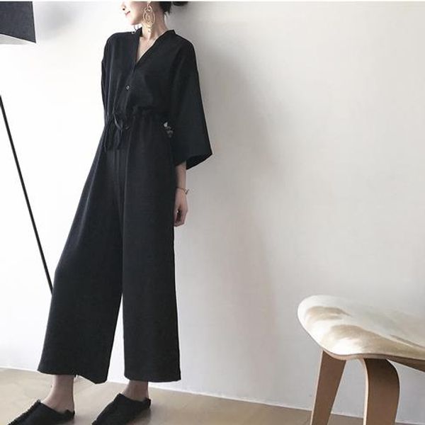 

2020 spring ladies sleeveless black jumpsuits and rompers v-neck high waist sashes women casual wide leg overalls lj369, Black;white