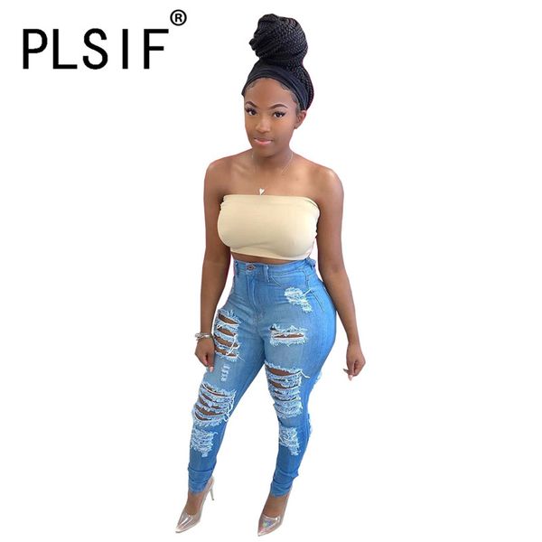 

european high waist fashion broken hole lady jeans tight denim pencil pants all-match chic jeans, Blue