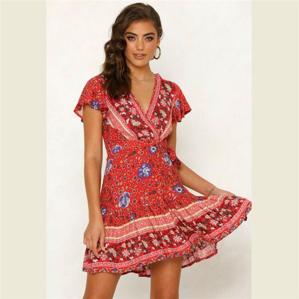 

bohemian floral mini women summer dress festa v neck ruffle bandage dress female 2019 elegant holiday beach sundress women, Black;gray