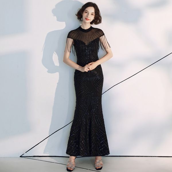 

ae486 black 2019 sequined mermaid evening dresses see through high neck floor length long party dress for women, White;black