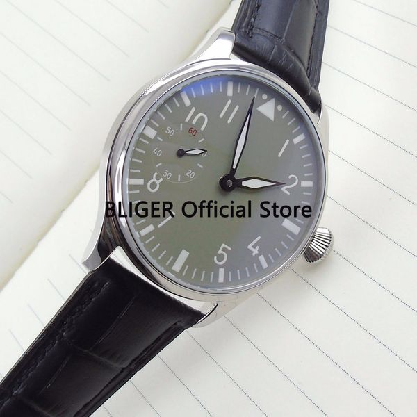 

causal 44mm grey sterile dial black leather strap luminous pointer 17 jewels 6497 hand winding movement men's watch p11, Slivery;brown