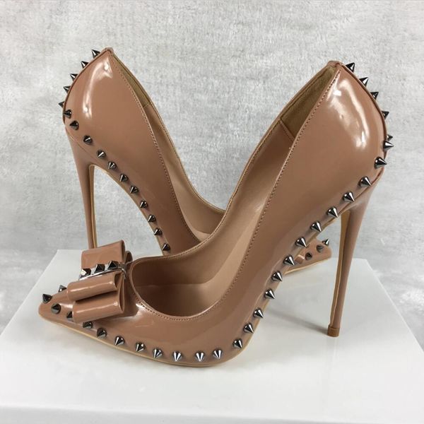 

nude rivet high heels patent pu leather needle tip rivet high heel women's shoes 10cm 12cm banquet shoes party shoes, Black