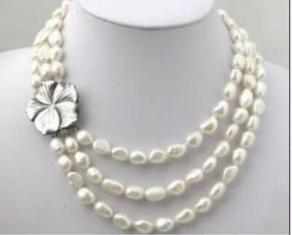 

3 rows white freshwater pearl necklace7-8mm, Silver