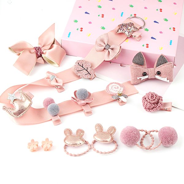 

18 pcs/set baby hair clips headwear bows baby girl hair accessories headband cute girls cartoon barrettes elastic band, Golden;white