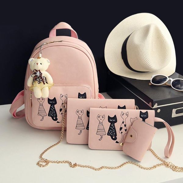 

4pcs/set women cat printing backpack pu leather composite bag bookbags school rucksack students bags for teenage girls bagpack b