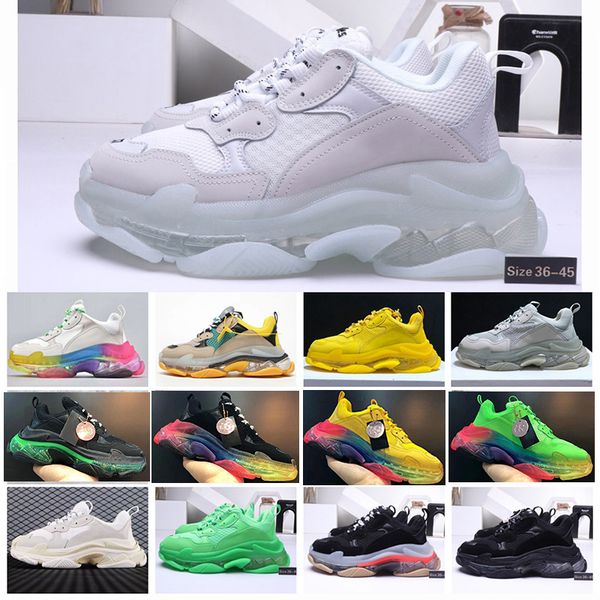 

triple s 3.0 sneakers men green 17fw women leather paris fashion tripler shoes low lace-up casual flat shoes with clear sole, Black