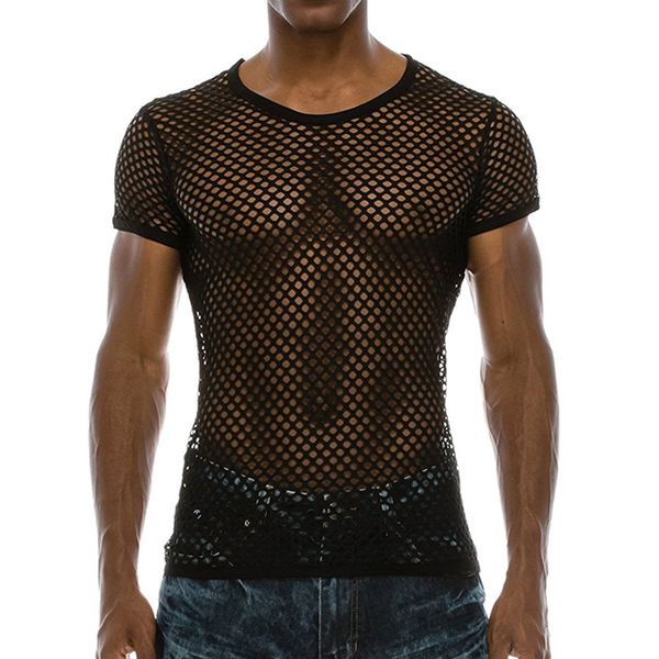 

new men's mesh fish net clothing short sleeve perspective mesh men's t-shirt jan23, White;black