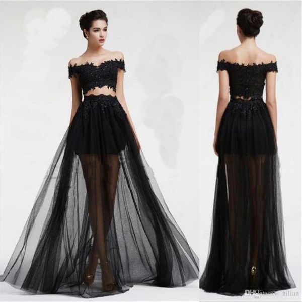 

black bateau 2 pcs tulle prom dress vestido de festa floor length party gown evening dress mermaid prom dresses for party formal occasion, Black;red