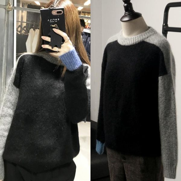 

женщины свитер 2019round шея color matching сыпучей головы шерсть мохер свитер, White;black