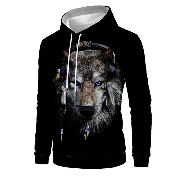 

mens designer wear earrings wolf 3d digital printing casual hooded sweater, Black
