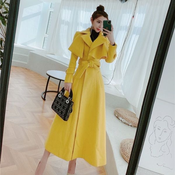 

autumn winter new full sleeve thick warm fashion yellow coats women woolen coat, Black