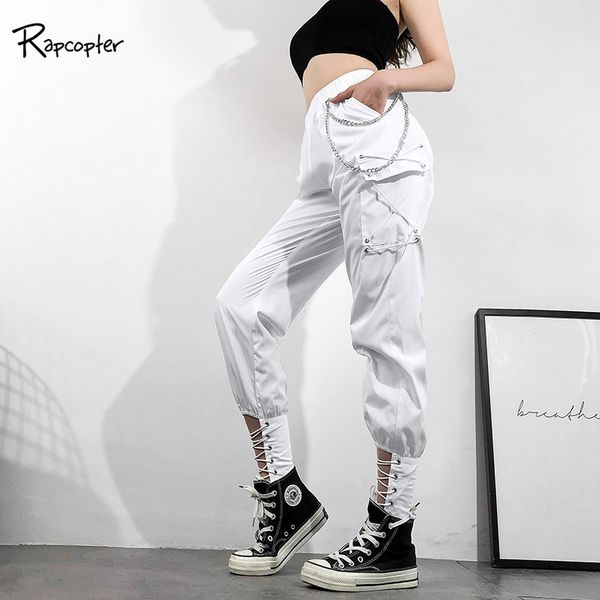 

rapcopter casual harajuku high waist pants women white bandage harem pants ladies lace out woven fashion sweatpants streetwear, Black;white