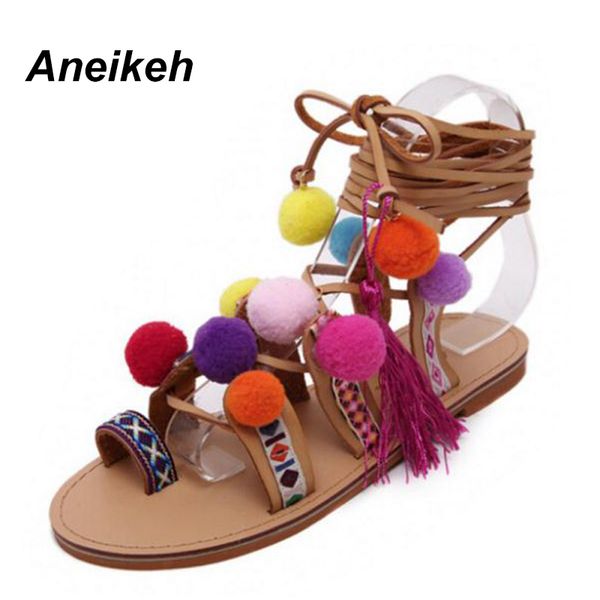 

aneikeh 2018 sandalias pompones suede pom pom gladiator sandals women lace up knee high flat sandal women shoe summer brown y190704, Black