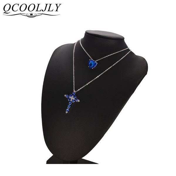 

fashion multilayer blue crystal heart cross pendant necklace for women rhinestone ocean jewelry choker statement valentine's day, Silver