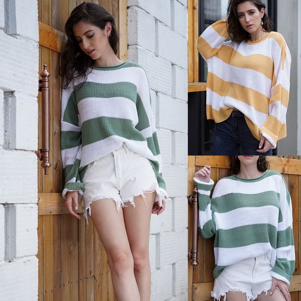 

women's sweater round neck striped color matching sweater pullover jumper knitted women's knit pullover loose top, White;black