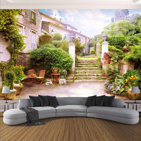

фото обои 3d маленький город сад пейзаж фрески гостиная кафе ресторан фон настенная живопись papel de parede фреска
