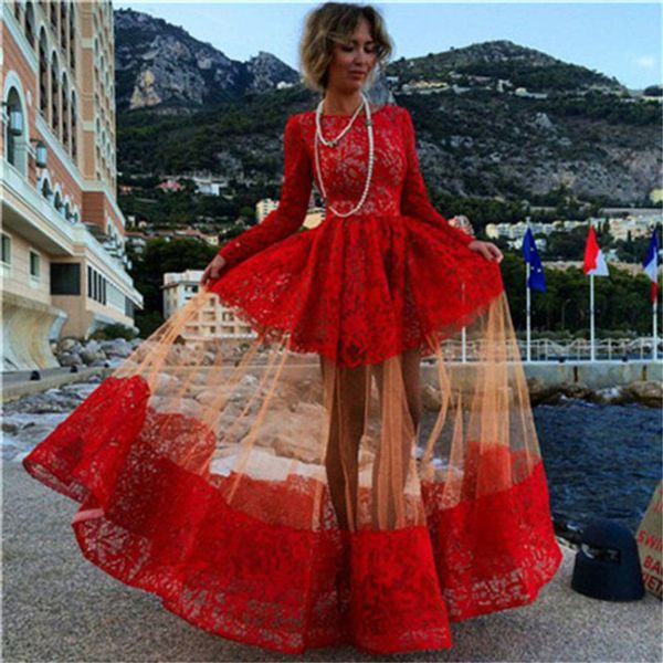 

in stock red floor length prom dresses sheer jewel neck lace illusion bottom special occasion dresses lf017