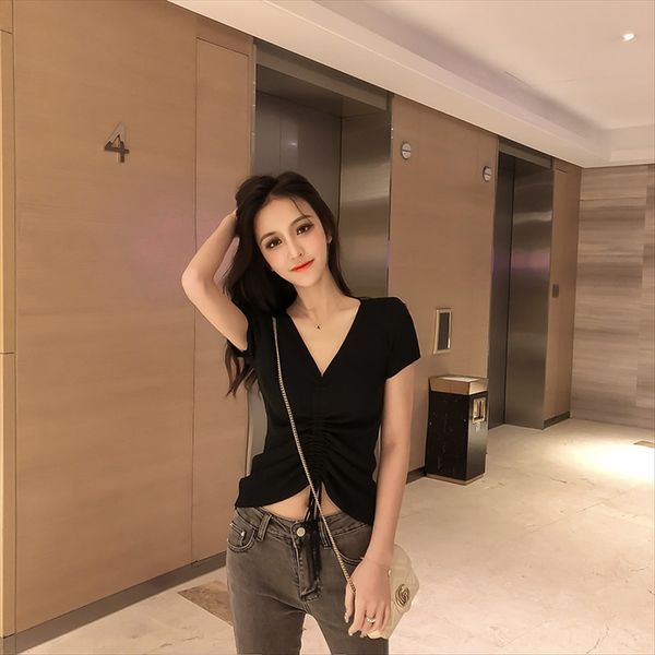 

hong шорты и шорты kong стиле с короткими рукавами льда шелковые трикотажные футболки женские летние одежды тонкие плотно v-образным вырезом, White