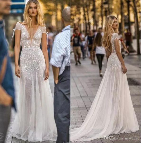 Gali Karten 2019 Últimos Vestidos de Casamento Manga Cap Illusion Lace Applique Vestido De Noiva Sweep Trem Vestido de Noiva Uma Linha Sem Encosto