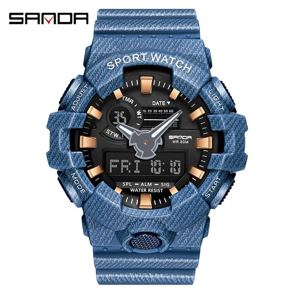 

sanda outdoor sports men quartz watch fashion analog denim waterproof led digital watches week and date display dual time watch, Slivery;brown