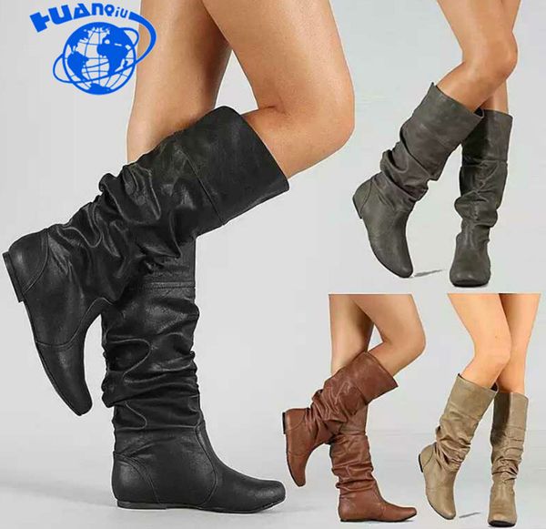 

huanqiu 2018 fashion women's boots ladies boots european station solid color folds plus size 34-43 leather zll307, Black
