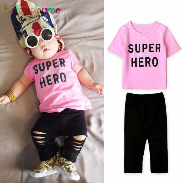 

2piece/newborn summer outfit baby girl clothes set fashion letter short sleeve t-shirt+black hole pants infant clothing bc1559-1, White