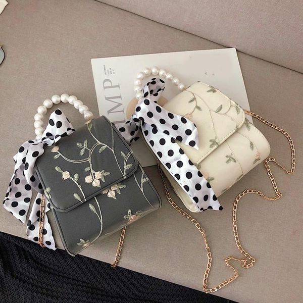 

women embroidery flowers shoulder bag leather faux pearl handbag hand tote bag new