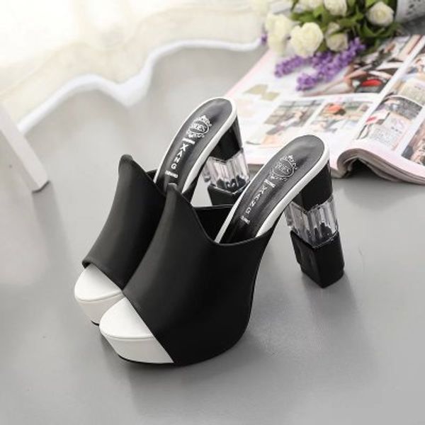 

european and american new fashion large size women's shoes high-heeled foreign trade women's shoes fish mouth thick heel, Black