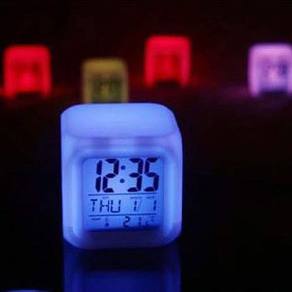 

creative digital alarm thermometer night glowing cube 7 colors square shape clock led change table clock zj0354