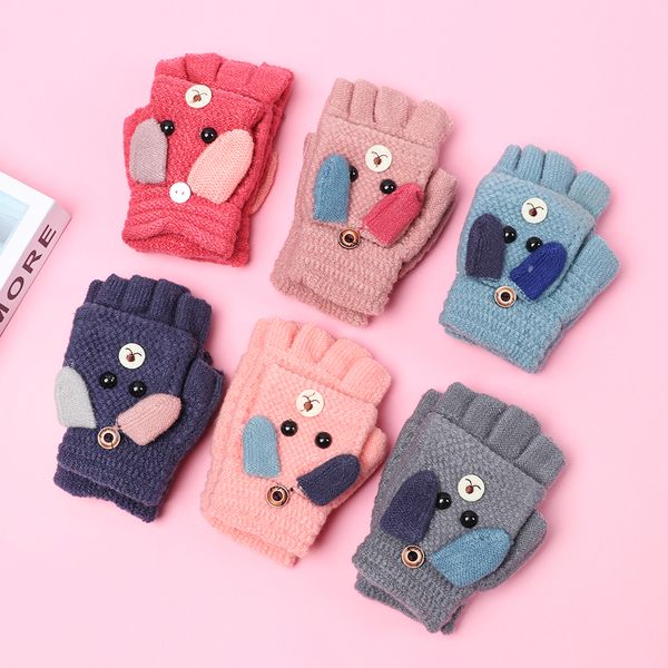

новые 3-12 лет cute cartoon дети перчатки зимы детей вязать половина finger откидная крышка варежки velvet толстые теплые перчатки, Blue;gray