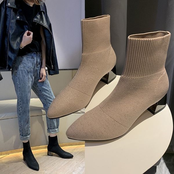 

women's thick short tube fashion comfortable pointed solid color knit socks ankle boots casual shoes new listing 2019, Black