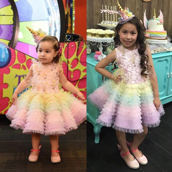 

Colorful Ball Gown Flower Girl Dresses For Wedding Sheer Neck Sleeveless Kids Girls Pageant Dresses With Lace Applique