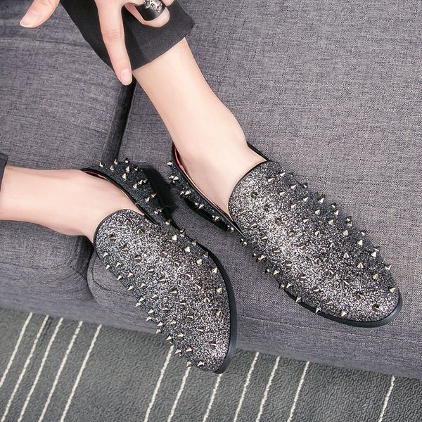 

new gold black man spikes flat shoes rhinestone designer men loafer dress shoes men casual diamond pointed toe shoes
