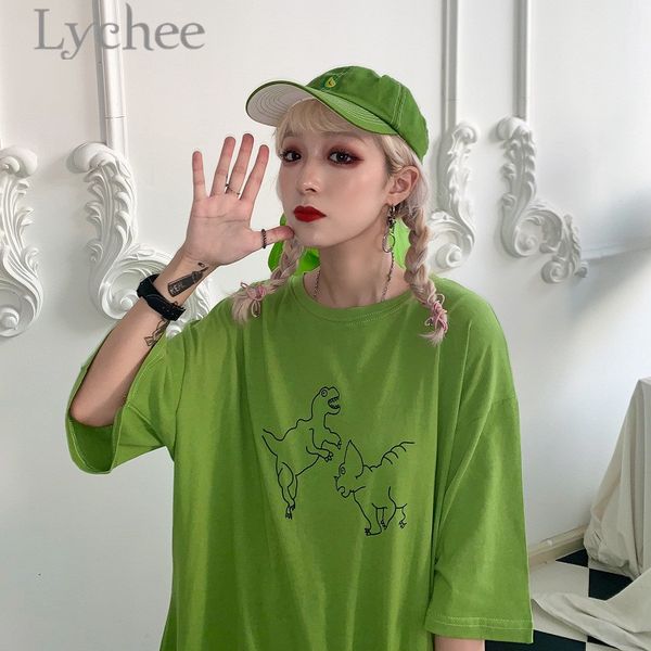 

lychee harajuku cartoon dinosaur print women t-shirt summer short sleeve t shirt female tshirts causal loose tee, White