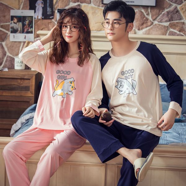 

new autumn 100%cotton couple pajamas set cartoon pijama homewear long sleeve cute thin loose soft plus size -3xl lovers pyjamas, Black;red