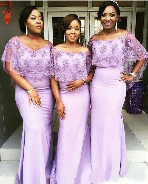 

2020 african country bridesmaid dresses mermaid off shoulder lace elastic satin maid of honor gowns for wedding party, White;pink