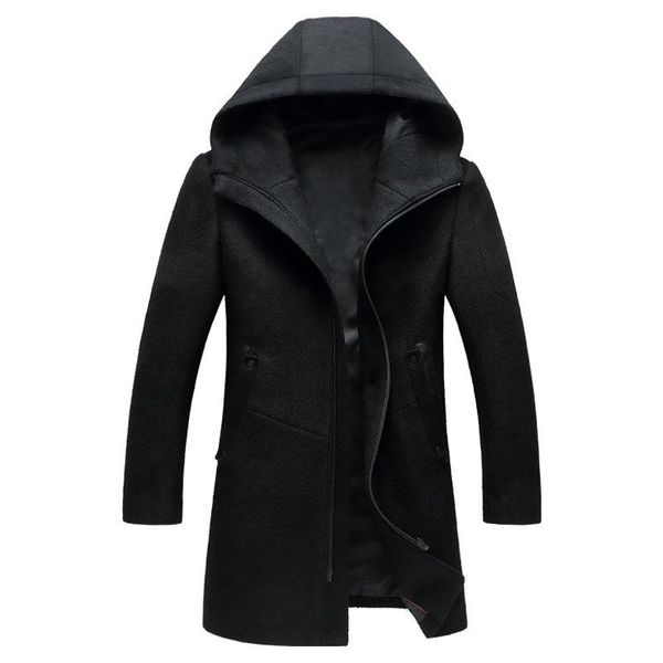 

new arrival fashion men wool coat with hood autumn zipper slim casual turn-down collar thick size m l  xxl xxxl, Black