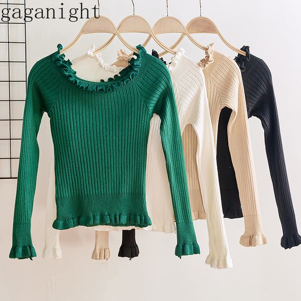 

gaganight элегантный женский пуловер весна осень длинные рукава ruffles разрез шея тонкая твердая свитер женская перемычка вытащите femme ch, White;black