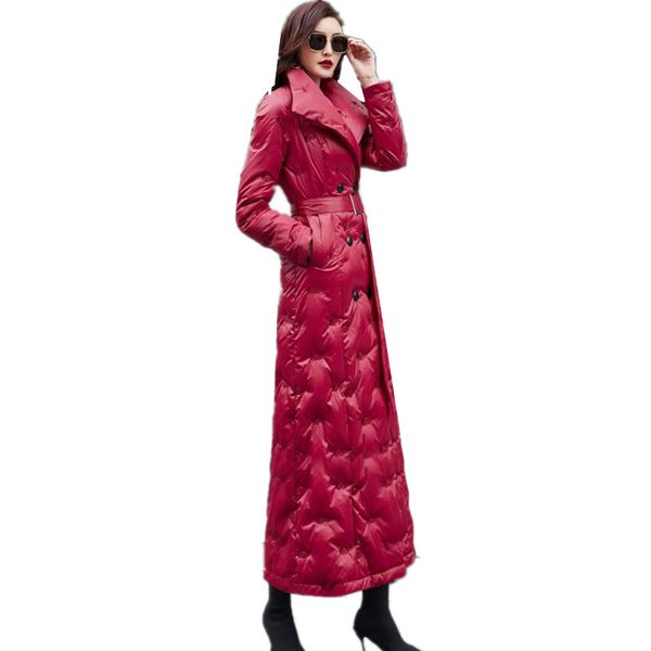 

2020 winter elegant women down jacket 90%white duck down coat warm lapel loose double-breasted female long jacket outwear g1293, Black