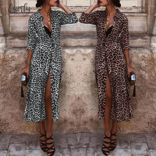

womens boho long maxi dress ladies party leopard dresses summer beach sundress autumn long sleeve deep v neck high split dress, Black;gray