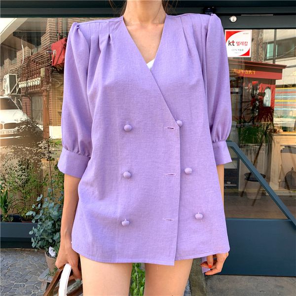 

summer chic 2020 korea simple women office ladies fashion loose v-neck double breasted blazer loose purple blazer, White;black