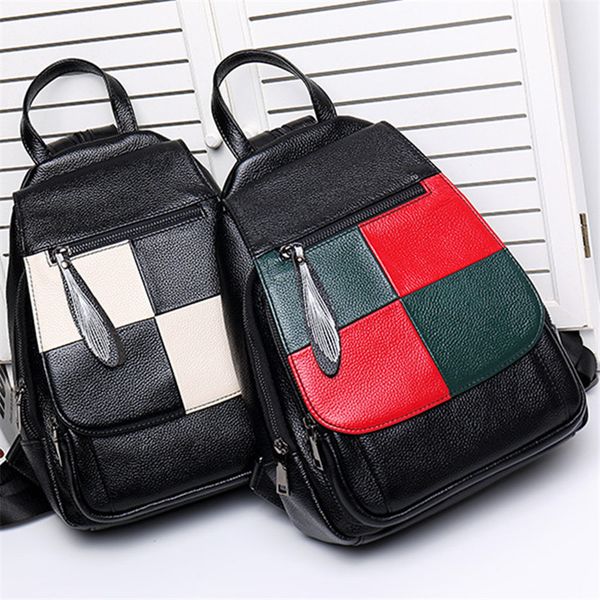 

new fashion patchwork real leather women backpacks travel shoulder bags school pack colorful plaid functional pockets knapsack