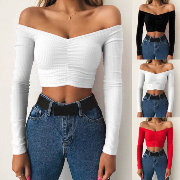 

spring autumn women casual long sleeve pullover t-shirt off shoulder crop slim fit crop short shirt, White